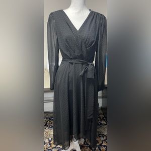 NWT TommyH Hilfiger Hi-Low wrap dress in black and gold sheer sleeves size 8